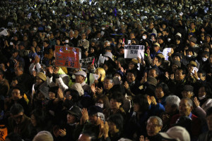 Protesters hold placards reading "Stop Secrecy Act" during a rally against the government's planned secrecy law in Tokyo